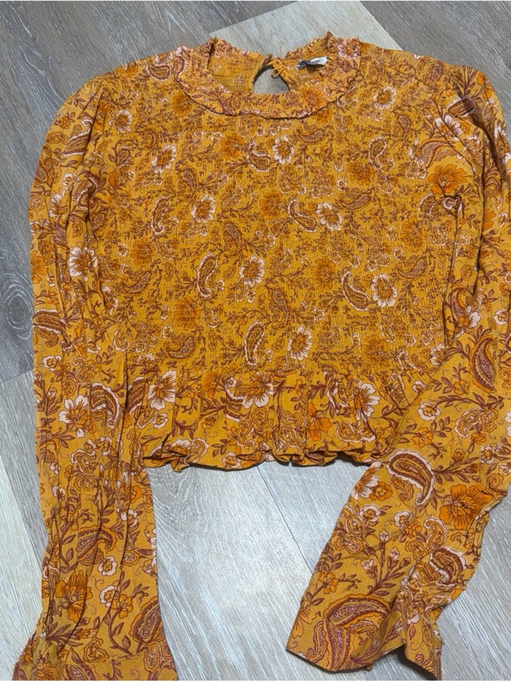 Women's Size Small Mustard Paisley Long-Sleeve Smocked Top